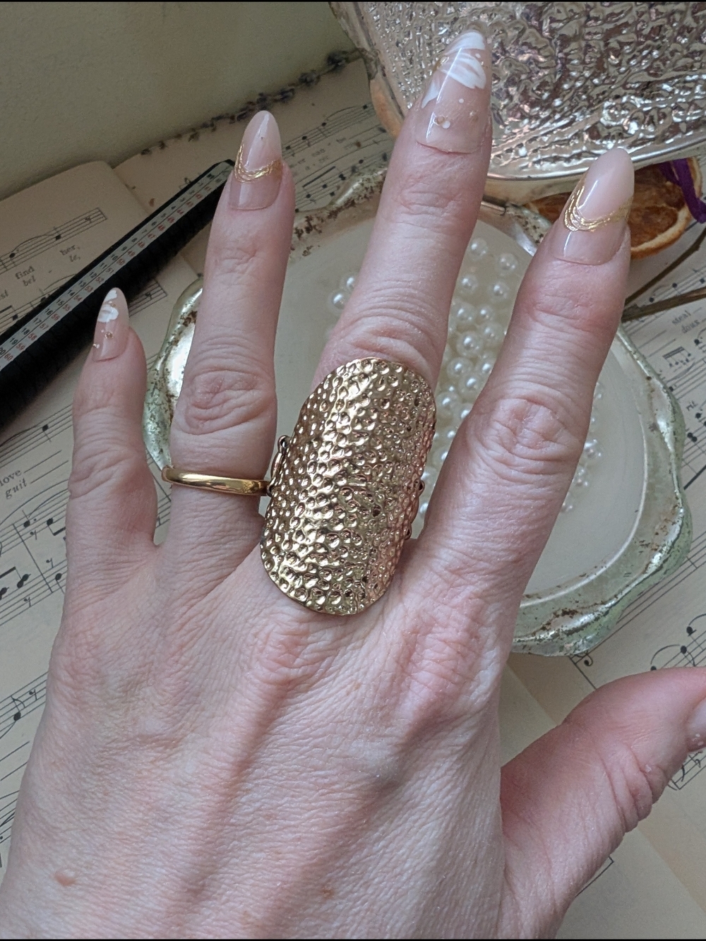 Gold Hammered Statement Dome Ring - Women Jewelry Stretch Band